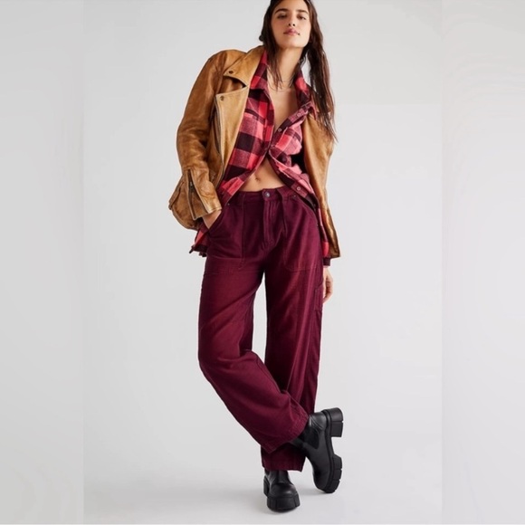 Free People Pants - Free People Stay Awhile Carpenter Pants Mulberry Size 4 Purple Maroon Wide‎ Leg